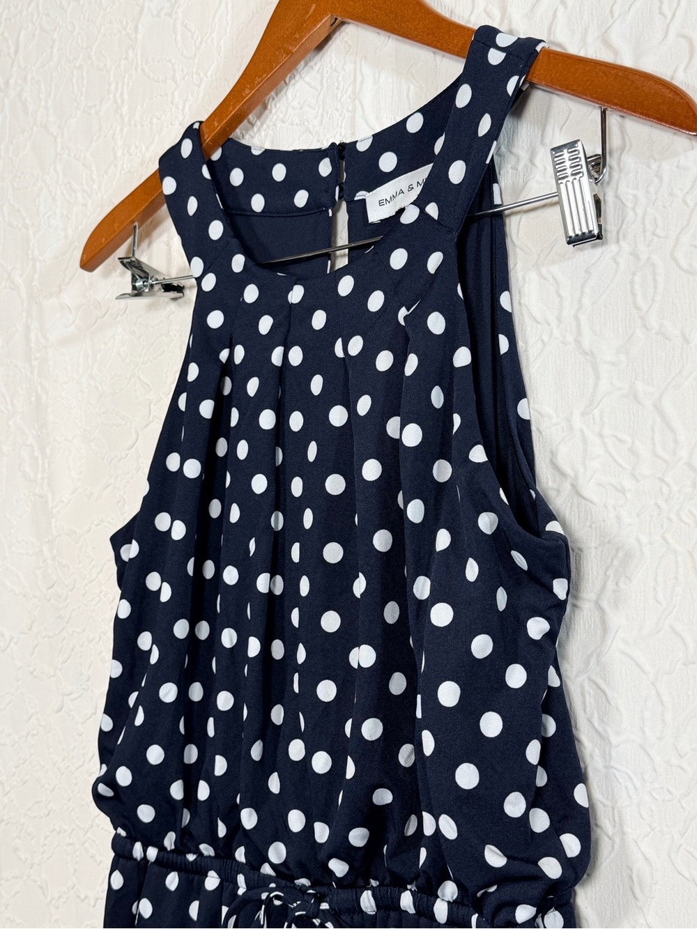Emma & Michele Dark Navy Polka Dot Halter Wide Leg Cropped Romper Sz PM - Picture 8 of 14
